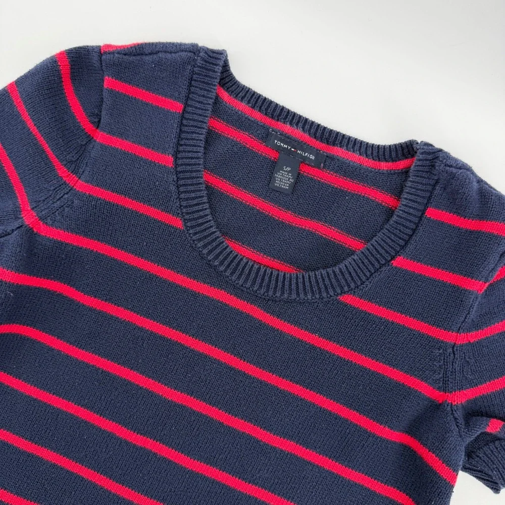 Tommy‎ Hilfiger Women Navy Blue Red Striped Short Sleeve Sweater Top Size SP